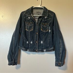 Vanity Women's Jeans Denim Jacket Blue Stretch Distressed Embellished Sz XL